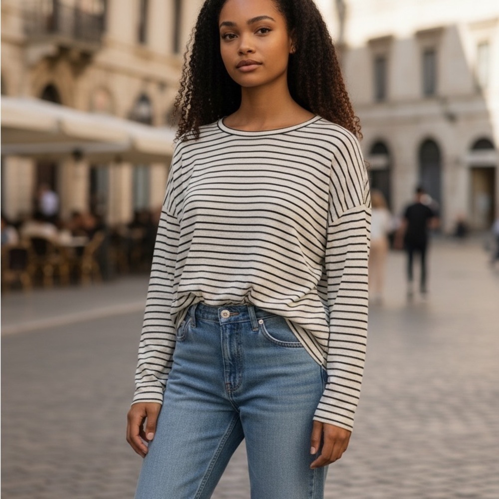 Theory Womens Black and White Striped Long Sleeve Linen Blend Tee Size Small